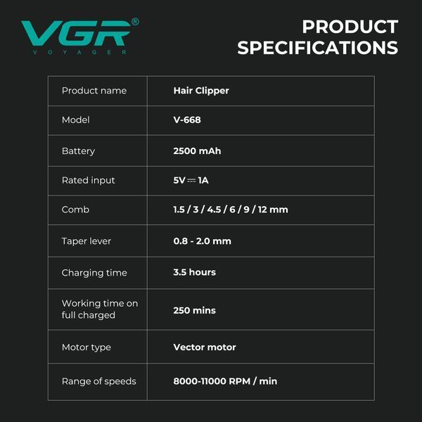 Аккумуляторная машинка для стрижки VGR V-668, VECTOR MOTOR 8000&ndash;11000 RPM, 6 насадок, LED дисплей 11281 фото