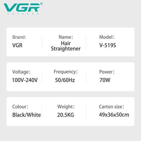 Выпрямитель для волос VGR V-519S WHITE, керамическое покрытие 38 мм, 100&ndash;230&deg;C, LED дисплей, 70 W 11286 фото
