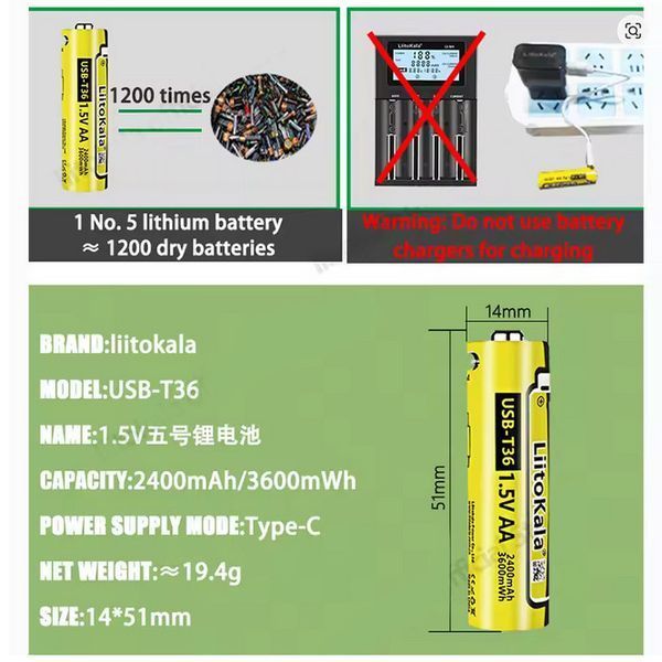 Акумулятор AA LiitoKala USB-T36, 1.5V, 2400mAh, Li-Ion, оригінал 11044 фото