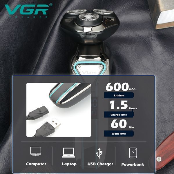 Роторная электробритва VGR V-323 BLACK &mdash; влагозащита IPX6, LED дисплей, 3 плавающие головки 9024 фото