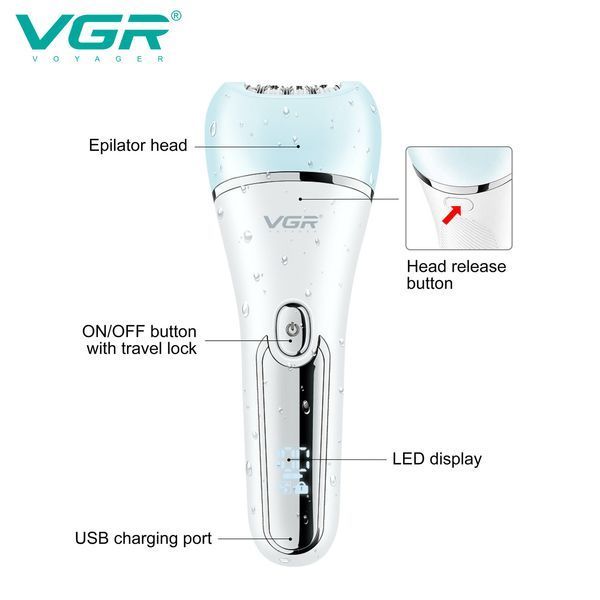 Эпилятор VGR V-733 6 в 1 BLUE с LED дисплеем, 12 насадок, влагозащита IPX7 10533 фото