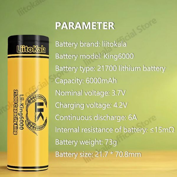 Аккумулятор LiitoKala King6000 21700, 6000mAh, оригинал (Li-ion батарея 3.7В для фонарей, вейпов, электроники) 11040 фото