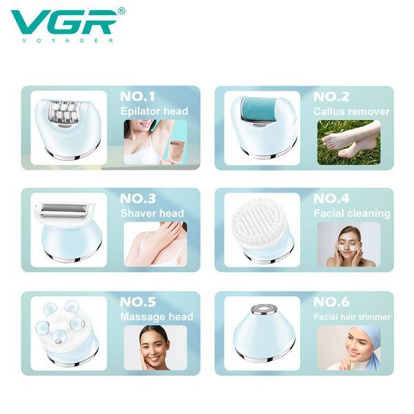 Эпилятор VGR V-733 6 в 1 BLUE с LED дисплеем, 12 насадок, влагозащита IPX7 10533 фото
