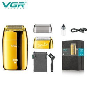 Електробритва VGR V-399 GOLD &ndash; металевий вологостійкий шейвер з LED дисплеєм та насадкою. 9869 фото