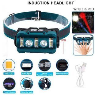 Фонарь налобный W-6112A-2XPE+12SMD+6SMD(white+red), Motion Sensor, индикация заряда 9907 фото