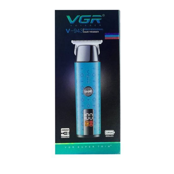 Триммер VGR V-943 blue, аккумуляторный, 3 насадки, LED дисплей, для бороды и окантовки 11186 фото