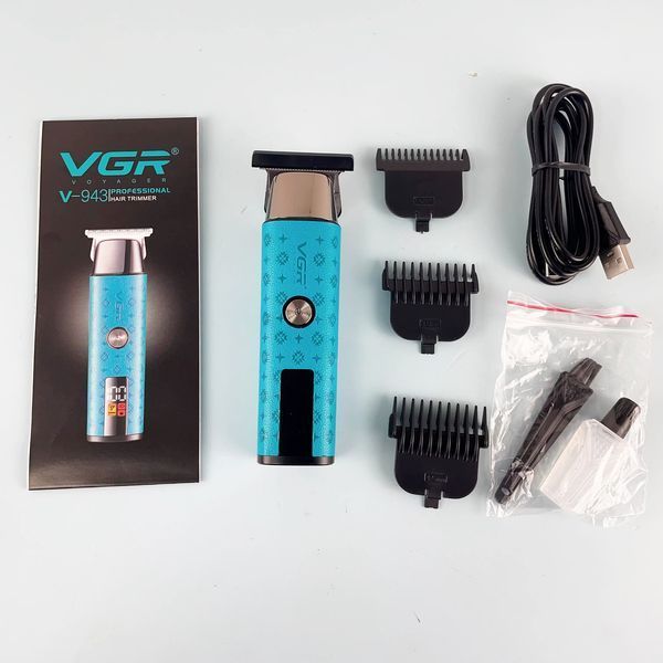 Триммер VGR V-943 blue, аккумуляторный, 3 насадки, LED дисплей, для бороды и окантовки 11186 фото