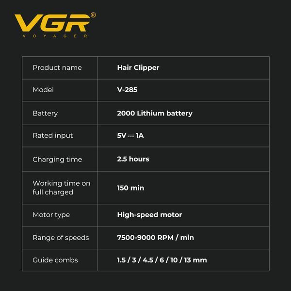 Машинка для стрижки VGR V-285, 6 насадок, 9000 об/мин, 2000 mAh, LED дисплей, аккумуляторная 11168 фото