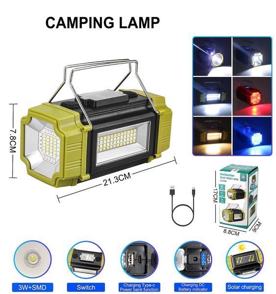 Ліхтар переносний LS-228-LED (білий+червоний+синій+жовтий), акумуляторний, power bank, сонячна панель, Type-C 10779 фото