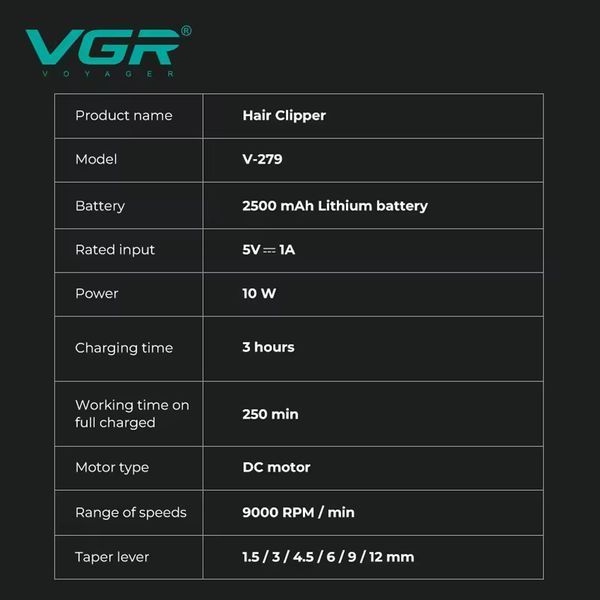 Машинка для стрижки VGR V-279 RED, 6 насадок, 9000 об/мин, 2500 mAh, LED дисплей, аккумуляторная 11167 фото
