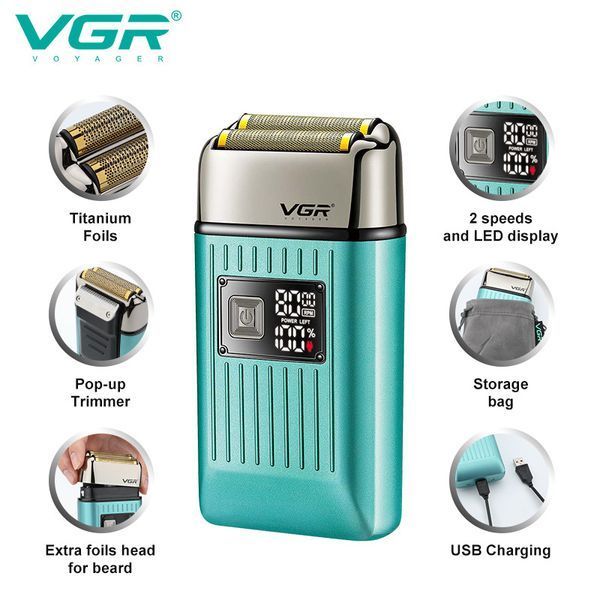 Електробритва VGR V-357 GREEN 3-в-1: шейвер, висувний триммер та 2 насадки, вологозахист IPX6, LED дисплей 9835 фото