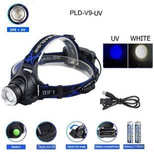 Фонарь налобный V9-XPE+UV, ЗУ microUSB, zoom 10111 фото