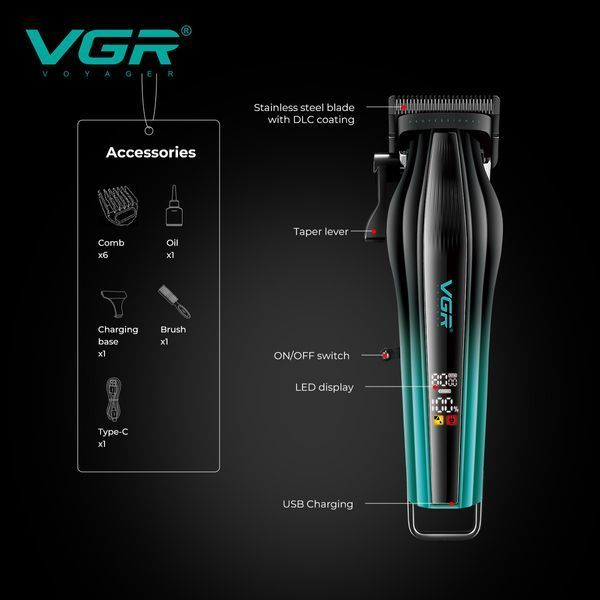 Машинка для стрижки VGR V-273 GREEN, 6 насадок, 8000 об/мин, 3000 mAh, LED дисплей, аккумуляторная 11164 фото