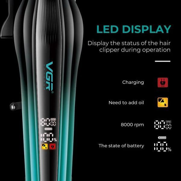 Машинка для стрижки VGR V-273 GREEN, 6 насадок, 8000 об/мин, 3000 mAh, LED дисплей, аккумуляторная 11164 фото