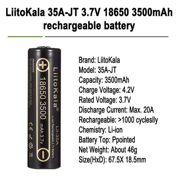Аккумулятор LiitoKala 35A-JT 18650, 3500mAh, оригинал (Li-ion батарея 3.7В для фонарей и электроники) 11032 фото