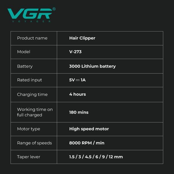 Машинка для стрижки VGR V-273 GOLD, 6 насадок, 8000 об/мин, 3000 mAh, LED дисплей, аккумуляторная 11165 фото