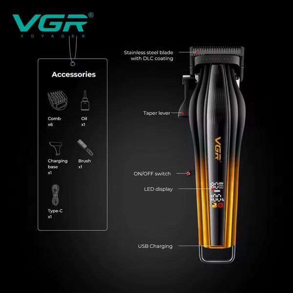Машинка для стрижки VGR V-273 GOLD, 6 насадок, 8000 об/мин, 3000 mAh, LED дисплей, аккумуляторная 11165 фото