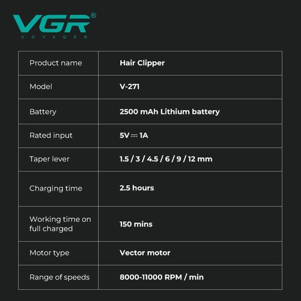 Аккумуляторная машинка для стрижки VGR V-271, VECTOR MOTOR 8000&ndash;11000 RPM, 6 насадок, LED дисплей 11294 фото