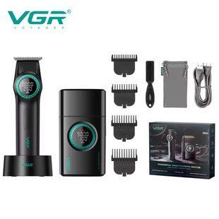 Комплект VGR 2 в 1 V-977 & V-377 BLACK &mdash; профессиональный триммер и электробритва с LED дисплеем и регулировко 11192 фото