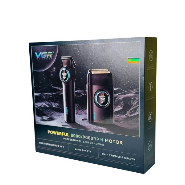 Комплект VGR 2 в 1 V-977 & V-377 BLACK &mdash; професійний триммер та електробритва з LED дисплеєм та регулюванням швидкості 11192 фото