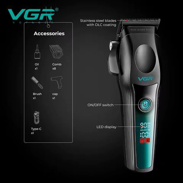 Машинка для стрижки VGR V-195 GREEN, 8 насадок, 9000 об/мин, 2500 mAh, LED дисплей, аккумуляторная 11157 фото