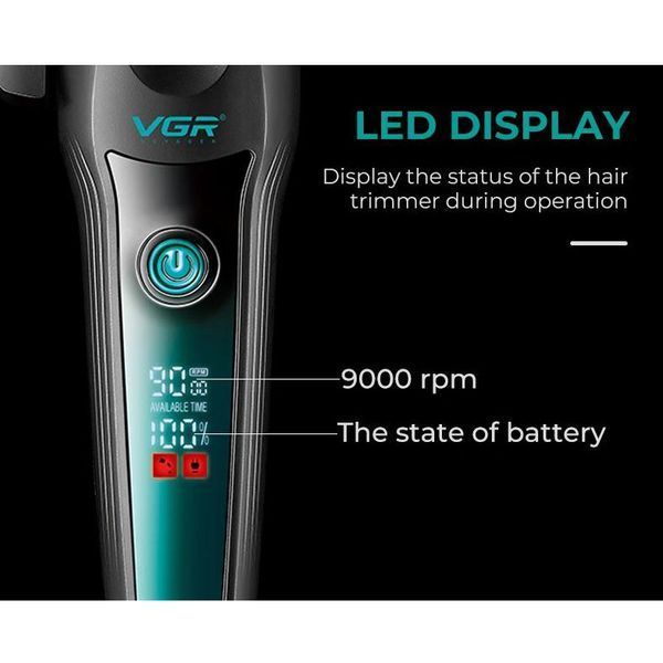 Машинка для стрижки VGR V-195 GREEN, 8 насадок, 9000 об/мин, 2500 mAh, LED дисплей, аккумуляторная 11157 фото