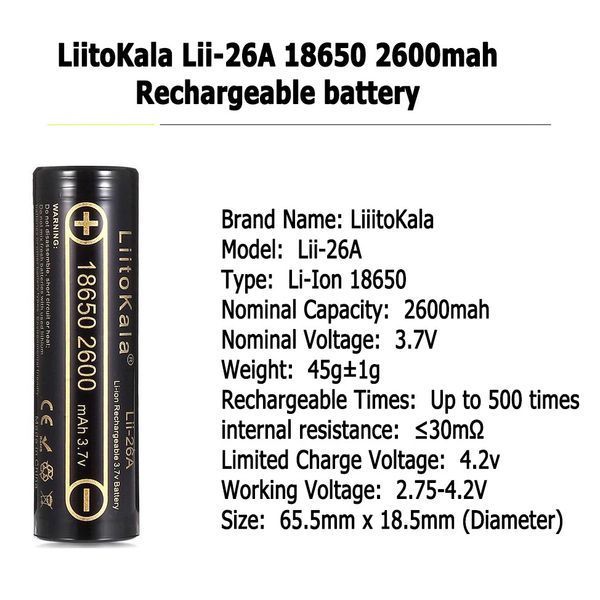Аккумулятор LiitoKala Lii-26A 18650, 2600mAh, оригинал (Li-ion батарея 3.7В для фонарей и электроники) 11030 фото