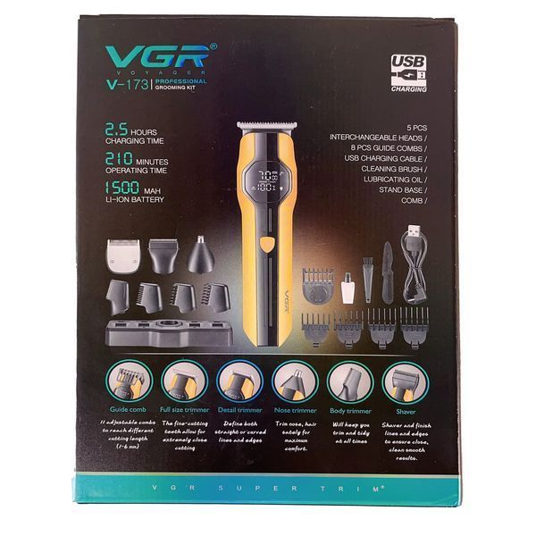Универсальный набор для стрижки 13 в 1 VGR V-173 YELLOW с LED-дисплеем и насадками для волос, бороды и тела 11156 фото