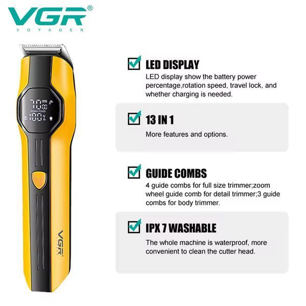 Универсальный набор для стрижки 13 в 1 VGR V-173 YELLOW с LED-дисплеем и насадками для волос, бороды и тела 11156 фото