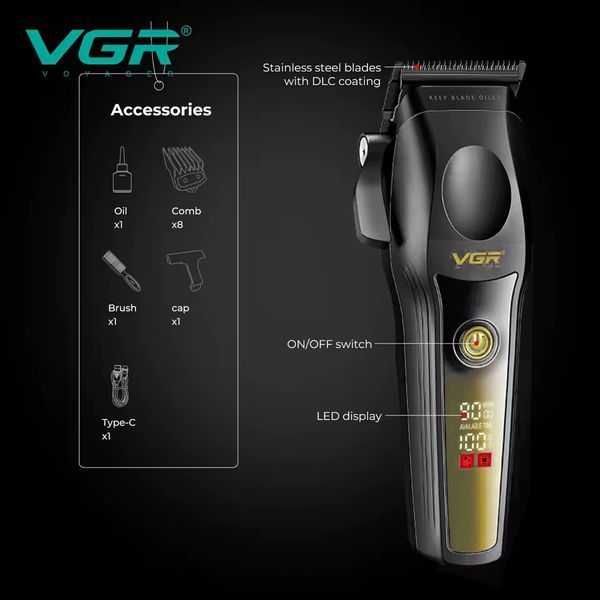 Машинка для стрижки VGR V-195 GOLD, 8 насадок, 9000 об/мин, 2500 мАч, LED дисплей, аккумуляторная 11158 фото