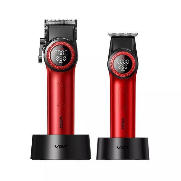 Набір для стрижки VGR 2 в 1 V-001 & V-977 RED - машинка та триммер з LED дисплеєм та насадками 11153 фото
