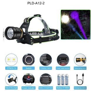 Фонарь налобный PLD-A12-2PM10-2TG(WHITE+UV), power bank, индикация заряда 10082 фото
