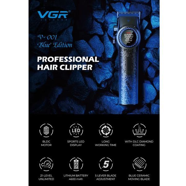 Машинка для стрижки VGR V-001 BLUE, 10 насадок, 9000 об/мин, 4600 mAh, LED дисплей и подсветка 11150 фото