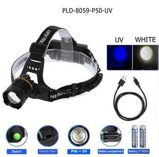 Фонарь налобный PLD-8059-P50+UV, 2x18650, ЗУ Type-C, zoom 10114 фото