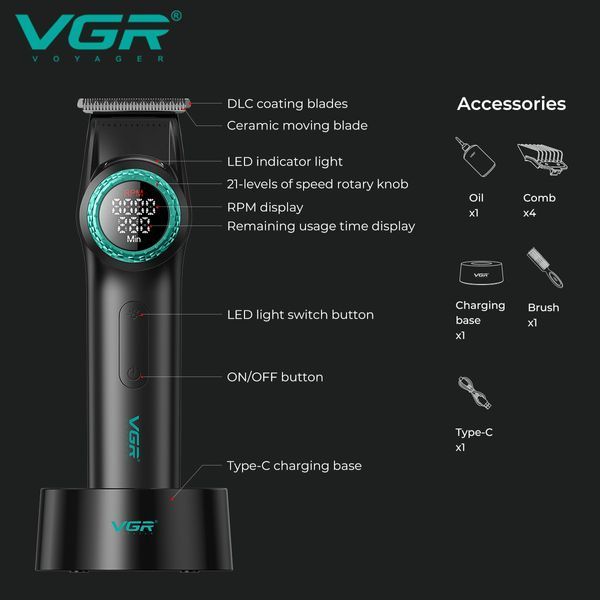 Триммер VGR V-977 BLACK, 6000&ndash;8000 об/мин, 2500 mAh, 4 насадки, LED дисплей, аккумуляторный 9105 фото