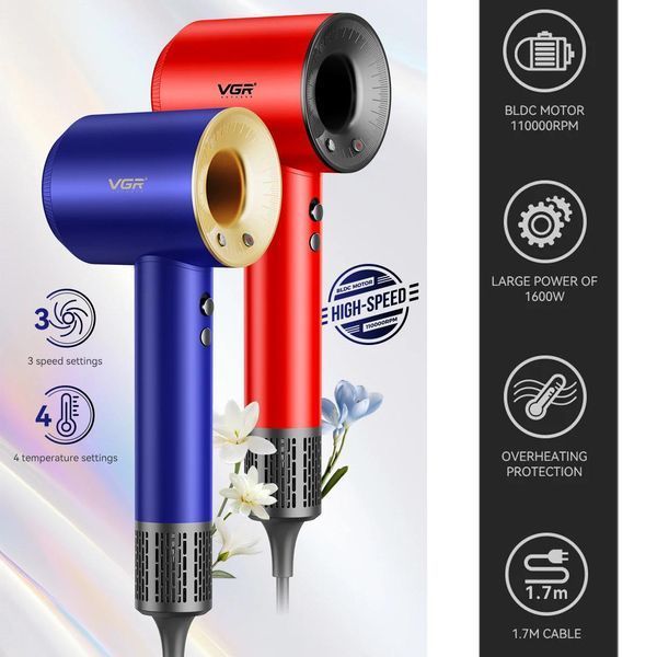 Профессиональный фен VGR V-445 RED, 1600 Вт, 110000 об/мин, 4 температуры, 3 скорости 11209 фото