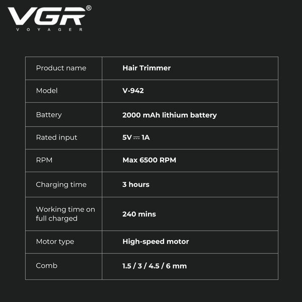 Тример VGR V-942 BROWN, акумуляторний, 4 насадки, LED дисплей, для бороди та стрижки волосся 9104 фото