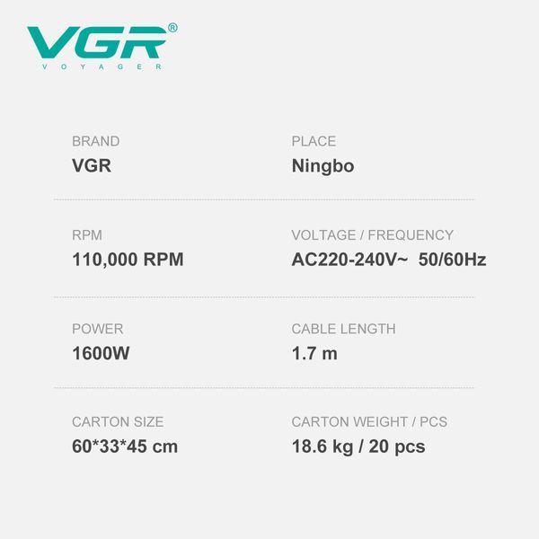 Профессиональный фен VGR V-445 RED, 1600 Вт, 110000 об/мин, 4 температуры, 3 скорости 11209 фото