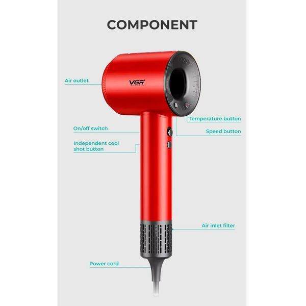 Профессиональный фен VGR V-445 RED, 1600 Вт, 110000 об/мин, 4 температуры, 3 скорости 11209 фото