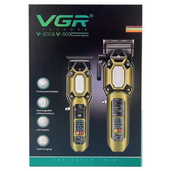 Набор VGR 2 в 1 V-600&900 GOLD &mdash; машинка и триммер с LED дисплеем и 10 насадками 9340 фото