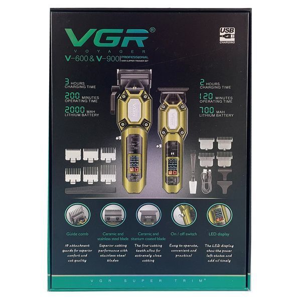 Набор VGR 2 в 1 V-600&900 GOLD &mdash; машинка и триммер с LED дисплеем и 10 насадками 9340 фото