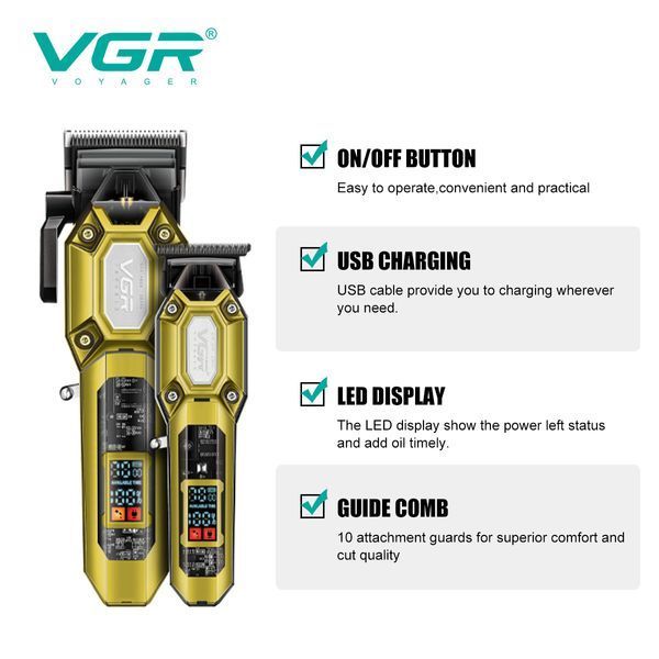 Набор VGR 2 в 1 V-600&900 GOLD &mdash; машинка и триммер с LED дисплеем и 10 насадками 9340 фото