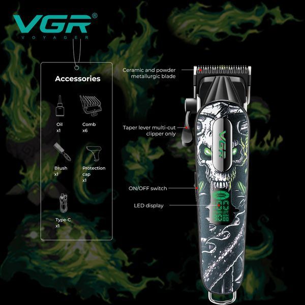 Машинка для стрижки VGR V-279 GREEN, 6 насадок, 9000 об/хв, 2500 mAh, LED дисплей, акумуляторна 11166 фото