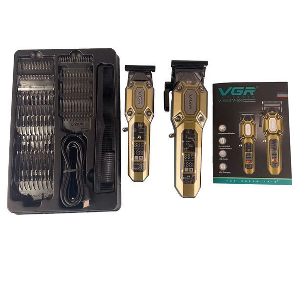 Набор VGR 2 в 1 V-600&900 GOLD &mdash; машинка и триммер с LED дисплеем и 10 насадками 9340 фото