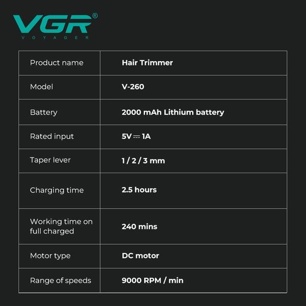 Триммер VGR V-260 RED, 3 насадки, 2000 mAh, 9000 RPM, LED дисплей, аккумуляторный 11162 фото