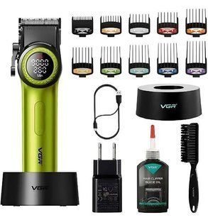 Аккумуляторная машинка для стрижки VGR V-001 GREEN, 10 насадок, 9000 RPM, 4600 mAh, LED дисплей и подсветка 11542 фото