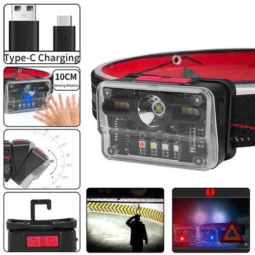 Ліхтар налобний M-006-XPG+8SMD+4SMD(white+red+ green+blue+UV), Motion Sensor 9905 фото