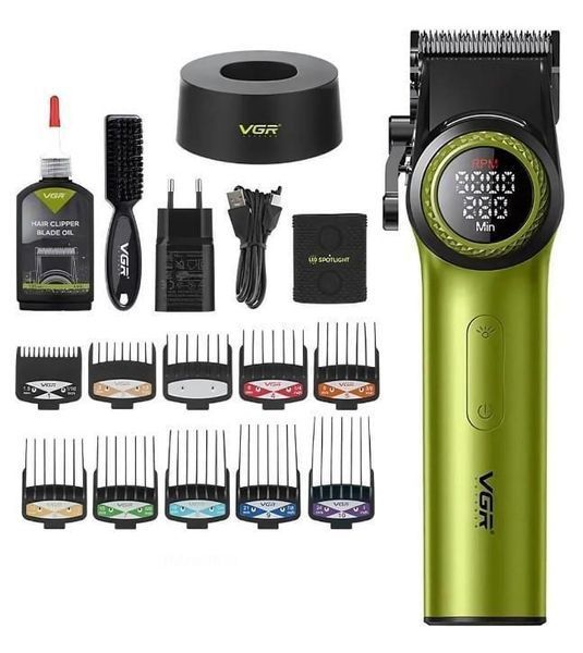 Акумуляторна машинка для стрижки VGR V-001 GREEN, 10 насадок, 9000 RPM, 4600 mAh, LED дисплей та підсвічування 11542 фото