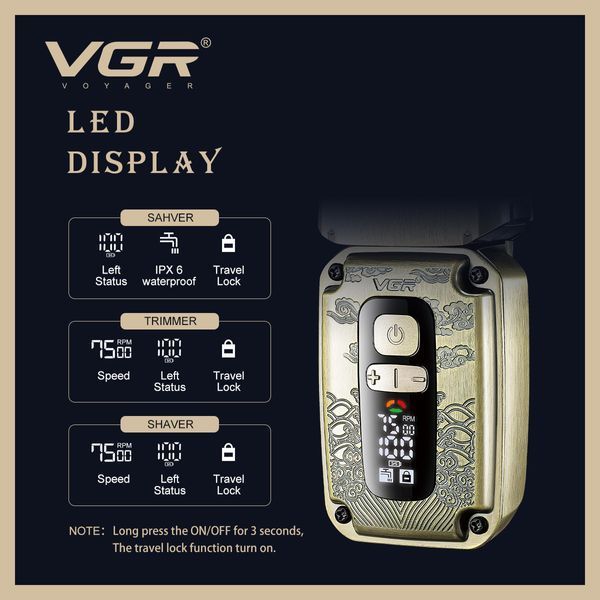 VGR V-642: Триммер, шейвер и машинка для стрижки 3 в 1, беспроводной, LED дисплей 9034 фото