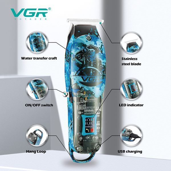 Тример VGR V‑923, акумуляторний, 3 насадки, LED дисплей, борода, вуса, віскі, USB зарядка 9109 фото